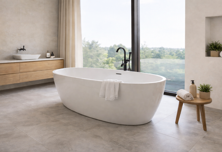 Baignoire îlot blanche moderne dans salle de bains contemporaine lumineuse avec grande baie vitrée, robinetterie noire et meuble bois suspendu.